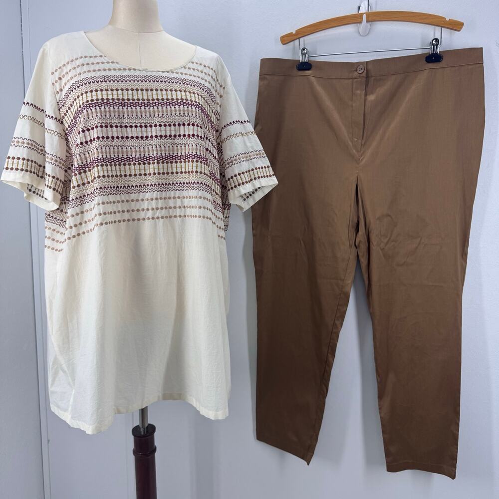 NWT Marina Rinaldi Cotton Tunic Top & Pant Set PLUS 22 Neutral Old Money Luxury